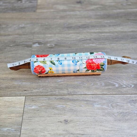 The Pioneer Woman Sweet Rose Ceramic Rolling Pin blue white check w/ floral rare - Picture 5 of 12